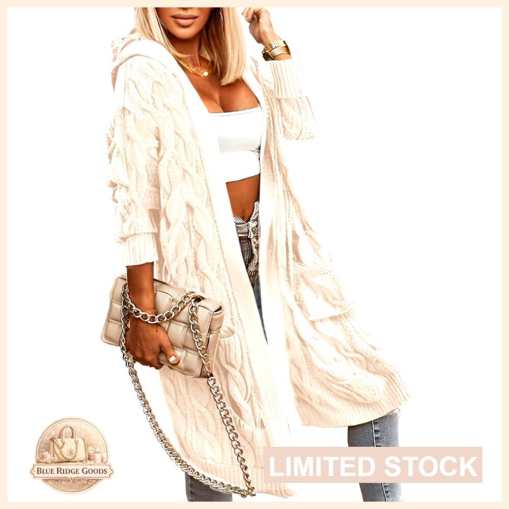 Oversized Cable Knit Cardigan Hooded Open Front Long Knee Length Sweater
